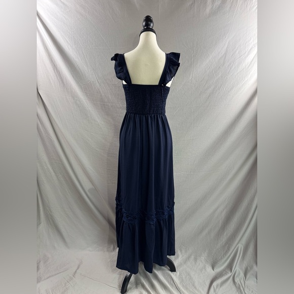 Shirred Guipure Lace Insert Ruffle Hem Dress Blue - Picture 8 of 9